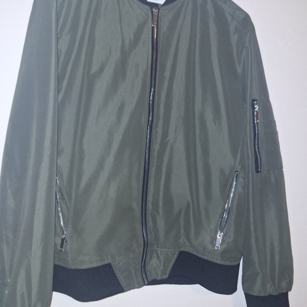 River Island Green Bomber Jacket with Detachable Hood, Size Large - Picture 2 of 2